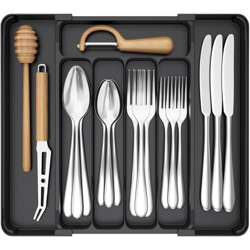 Silverware Organizer for Drawer (Black / Medium Slim(8.1-13.9''W x 11.3''D))