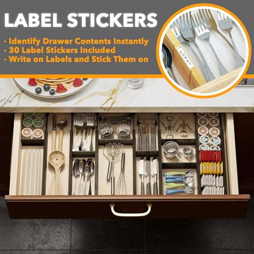 Bamboo Drawer Dividers with Inserts and Labels (2.35''H, 17''-22''L, 7 Dividers / BLACK)