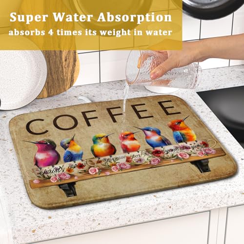 Coffee Cup Dish Drying Mat Brown Bird Drying Matt Kitchen Counter for Coffee Bar Decor (Bird Cups 511 / 18" x 16")