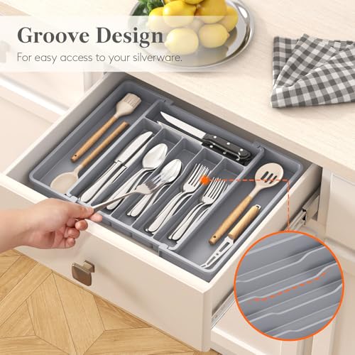 Expandable Silverware Drawer Organizer (Gray / Large (11-18''W x 14''D))