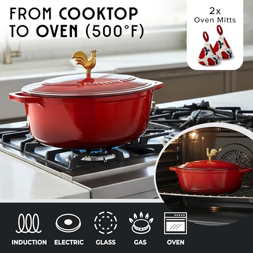 MUELLER HOME 5.5 Quart Enameled Cast Iron Oval Dutch Oven w Rooster Knob & Cotton Potholders (5.5 Quart -Oval / Red)