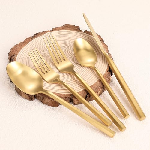 Matte Silverware Set Gold Flatware Set with Hexagon Handle 20 Pieces 18 (Matt gold)