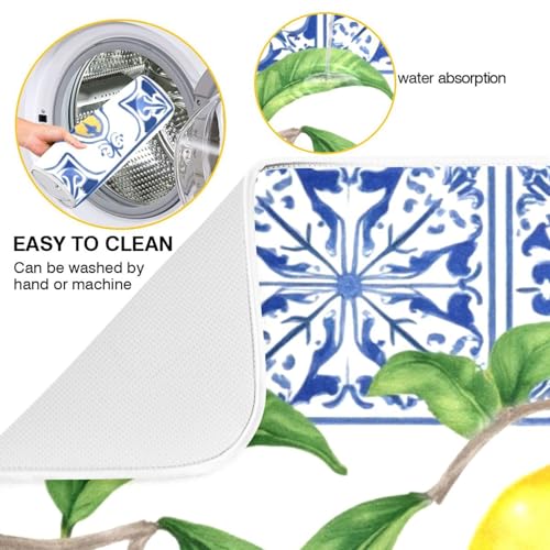 Lemon Blue Tiles Dish Drying Mat for Kitchen Counter Absorbent Microfiber Drying Pad (18" x 18")
