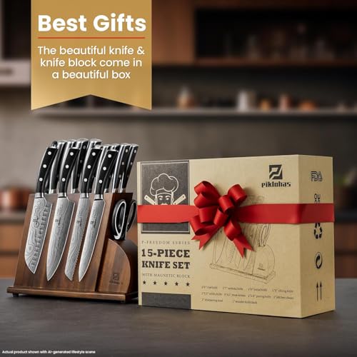 15 PC Magnetic Knife Sets for Kitchen with Block