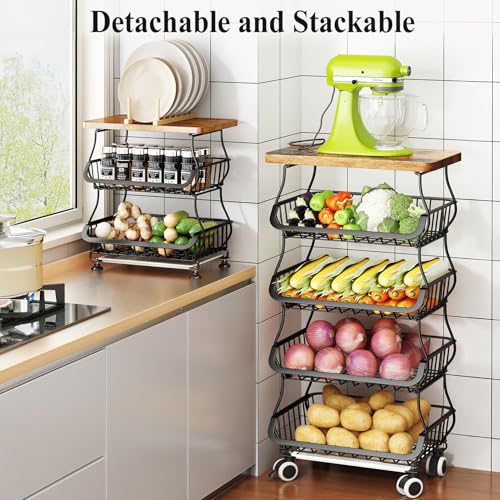 5 Tier Fruit and Vegetable Basket Stand for Kitchen (Black / 5 Tiers)