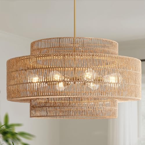 30" Rattan Chandelier for Dining Room (Brown / 30” 8-Light)