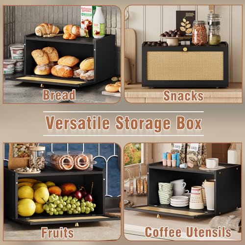 Rattan Bamboo Bread Box for Kitchen Counter Large Capacity Bread Storage Bin Farmhouse Bread Storage Container Rustic Bread Holder (Black)