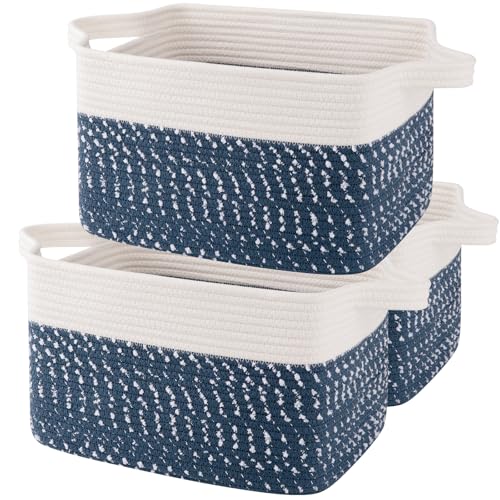 Cotton Rope Storage Baskets for Organizing White Blue 3 (White Blue / 3 pcs-13”x9.9”x8.7”)