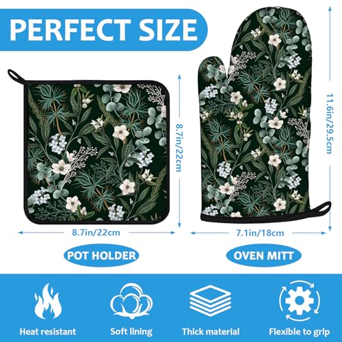 Botanical Print FloralOven Mitts and Pot Holders Sets Heat Resistant 4Pcs Potholders Oven Gloves Hot Pads for Kitchen Baking Cooking Grilling BBQ (Botanical Print Floral)