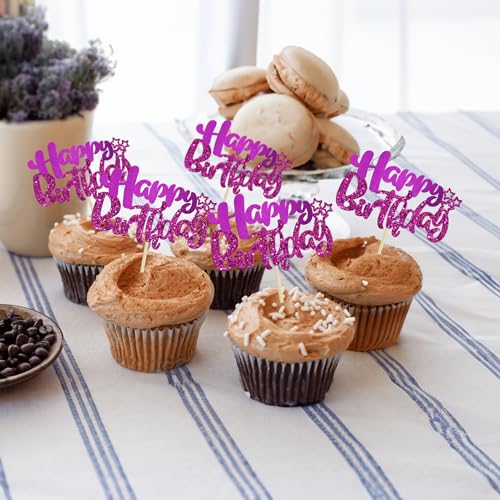 24Pcs Happy Birthday Cupcake Toppers Double Layer Glitter Happy Birthday Cake Decorations for Celebrating Baby Shower Theme Kids Boys Girls Anniversary Party Decorations Supplies Purple (Style 1 / Purple)