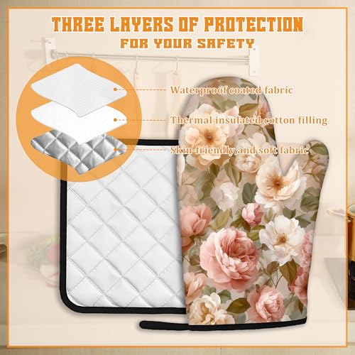 Pink Roses Oven Mitts and Pot Holders Set (4 Count)