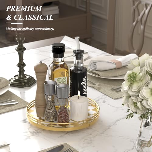 10 Inch Gold Checkerboard Lazy Susan Vanity Tray with Metal Rail (Gold & White / 10 inches)