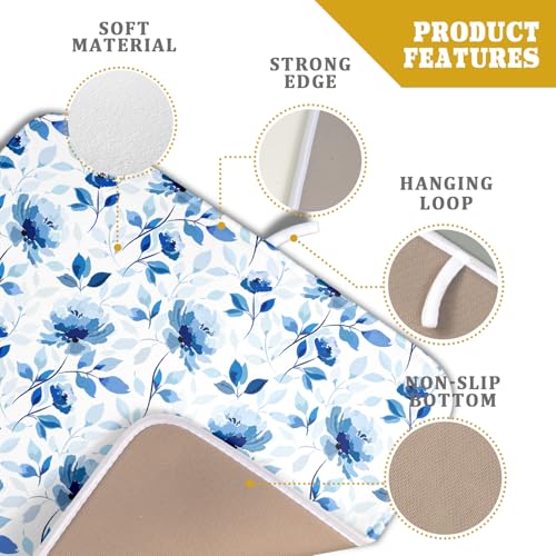 Blue Floral Dish Drying Mat 16x18 inch Flower Leaves Dish Rack Pad Microfiber Washable Dishes Drainer Pad Kitchen Countertop Accessories (Blue Floral / 16 x 18 inch)