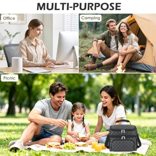 Double Layer Cooler Insulated Lunch Bag Adult Lunch Box Large Tote Bag for Men (PlaidBlack)