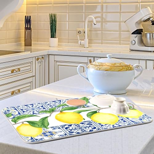Lemon Blue Tiles Dish Drying Mat for Kitchen Counter Absorbent Microfiber Drying Pad (18" x 18")