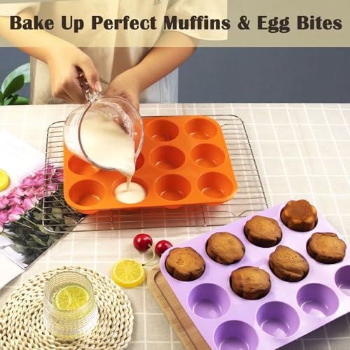 12 Cups Silicone Mini Muffin Pan Set (Set of 2--12 Cups (Orange+Purple))