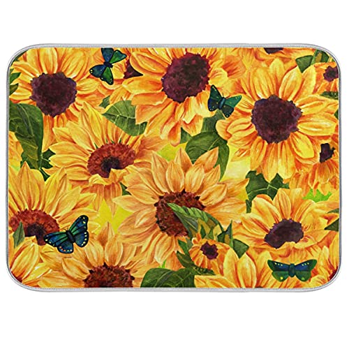 Super Absorbent Dish Drying Mat (Sunflowers Blue Butterflies / 16" x 18")