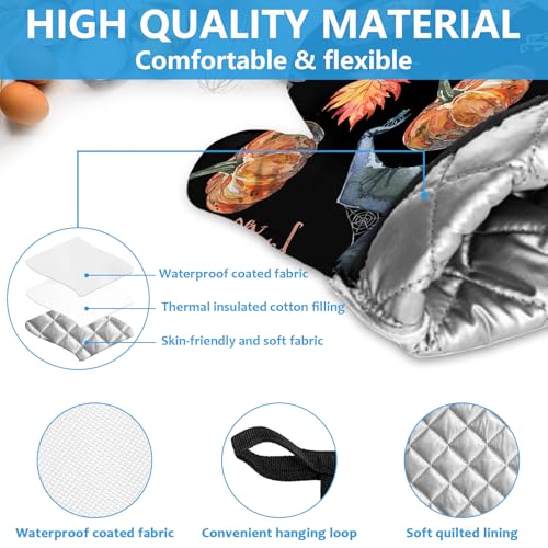 Halloween Pumpkin Autumn Maple Leave Oven Mitts and Pot Holders Sets Heat Resistant 4Pcs Potholders Oven Gloves Hot Pads for Kitchen Baking Cooking Grilling BBQ (Halloween Pumpkin Autumn Maple Leave)