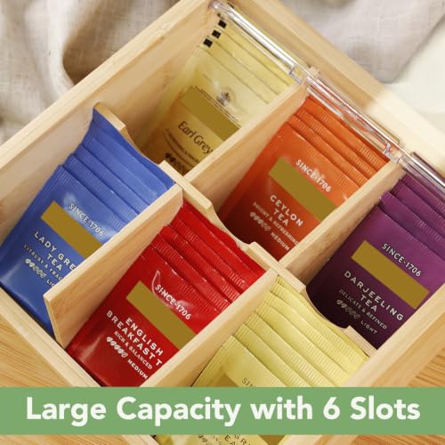 Bamboo Tea Bag Organizer Storage Box with 6 Compartments (Compact-Bamboo)