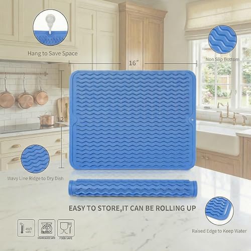Silicone Dish Drying Mat (Lichen Blue / 16"L x 12"W)