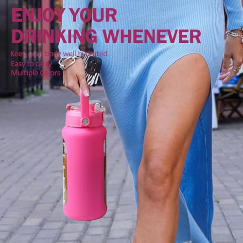 64oz Glass Water Bottles with Straw (Rose red / 64 Ounces)