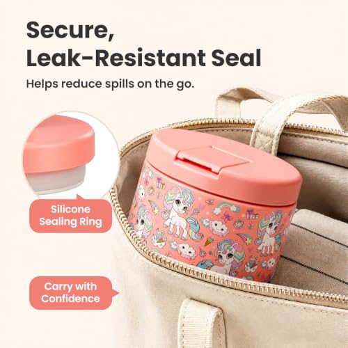 12oz Insulated Vacuum Food Jar with Buckle Lid Wide Mouth Soup Thermo for Hot Food Kids Leakproof Stainless Steel Lunch Container (Pink-Horse / 12OZ)