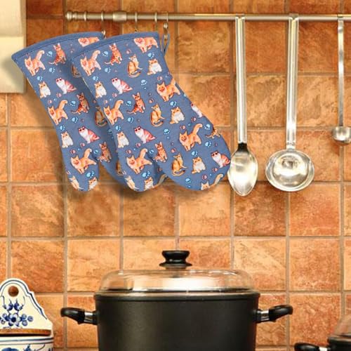 Oven Mitts 1 Pair (Cat, Blue Mitts)