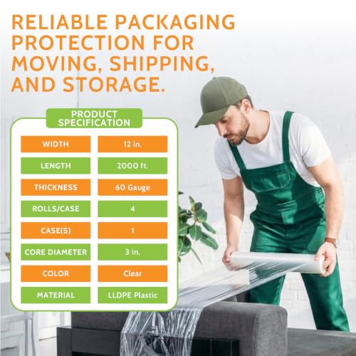 PSBM Cast Hand Stretch Wrap Plastic Shrink Film 12" x 2000' 60 GA 4 Rolls
