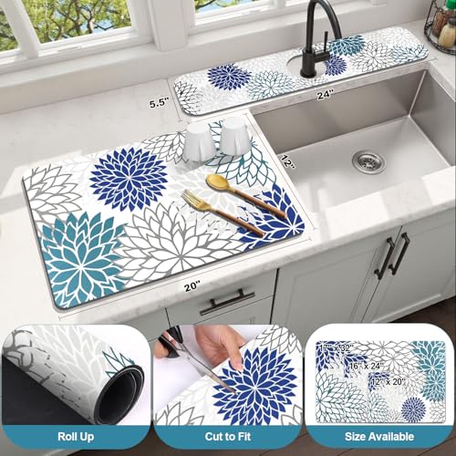 2Pcs Dish Drying Mat & Sink Splash Guard (Blue / 12" X 20" + 24" X 5.5")