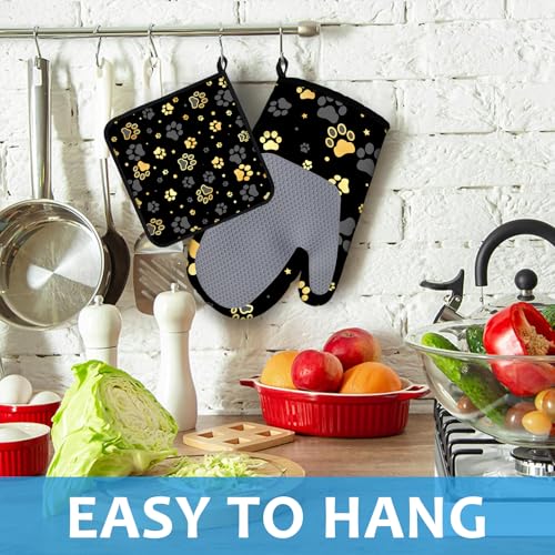 Gold Dog Paw Print Oven Mitts and Pot Holders Sets Heat Resistant 4Pcs Potholders Oven Gloves Hot Pads for Kitchen Baking Cooking Grilling BBQ (Gold Dog Paw Print)