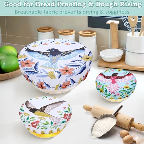 5Pcs Reusable Beeswax Elastic Bowl Covers for Bread Proofing and Food Cover (Floral Bird)