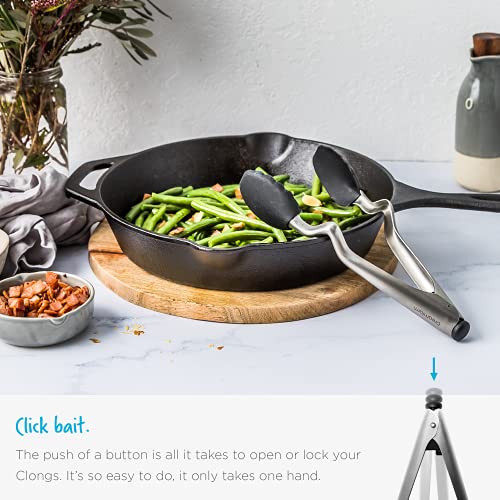 Clongs Grippy Silicone & Stainless Steel Kitchen Cooking Tongs with Click (Black / 12.4 inches)