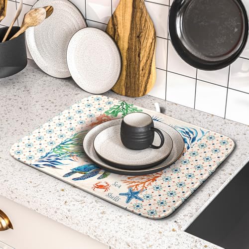 Nautical Coastal Dish Drying Mat Sea Turtle Seahorse Dish Drainer Pad 16"x18" Microfiber Reversible Fast Dry Pad for Kitchen Counter Decor (Coral Turtle / 16" x 18")