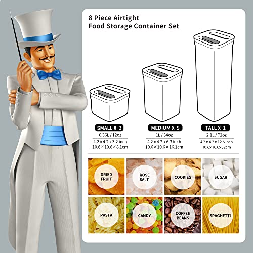 8 Piece Airtight Food Storage Container Set for Pantry Organization (White)