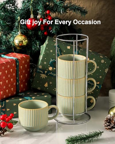 Ceramic Coffee Mugs Set of 4 with Rack (Green Earth / 15 Ounces)