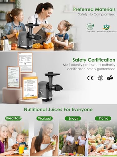 Masticating Juicer Machine 200W Slow Cold Press Extractor for Veggie (Grey)