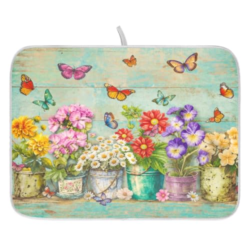 Spring Floral Butterfly Rustic Dish Drying Mat for Kitchen Counter Absorbent Microfiber Small Drying Pad Dish mats for Kitchen Countertops 16 x 18 Inch (Spring Floral / 18" x 16")