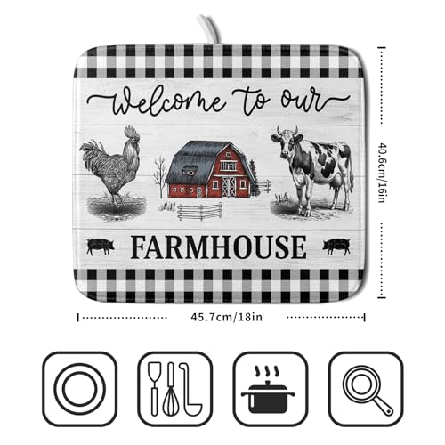 Farmhouse Barn Dish Drying Mat 16x18 Inch Cow Rooster Absorbent Microfiber Dish Drainer Rack Pad Bottles Protector for Kitchen Counter (farm barn / 16" x 18")
