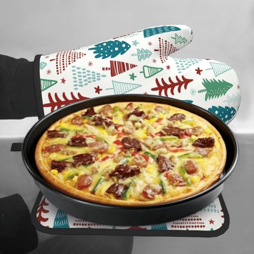 Pine Tree Oven Mitts and Pot Holder Set of 2 Winter Xmas Washable Kitchen Heat Resistant Gloves for Microwave BBQ Cooking Baking Grilling (Xmas Tree)