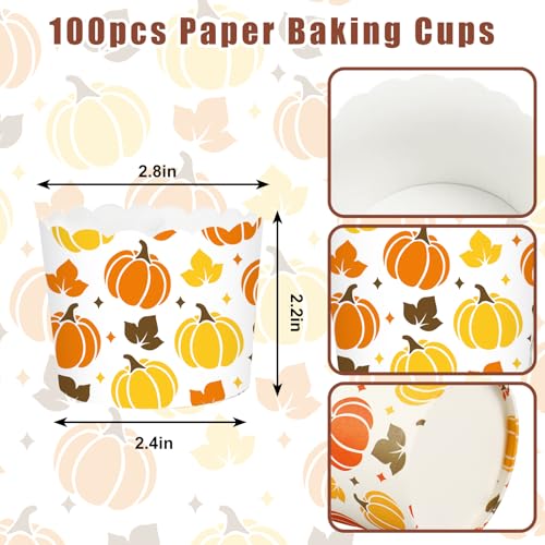 100Pcs Fall Paper Baking Cups Pumpkin Maple Leaf Cupcake Wrappers Orange Yellow Brown Scalloped Edge Cupcake Muffin Cases for Autumn Thanksgiving Dessert Decoration (Fall Pumpkin)