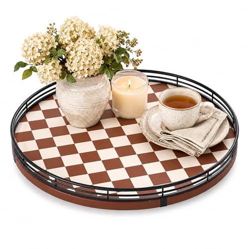 13 Inch Brown White Checkerboard Lazy Susan with Black Metal Rail (Brown & White / 13 inches)