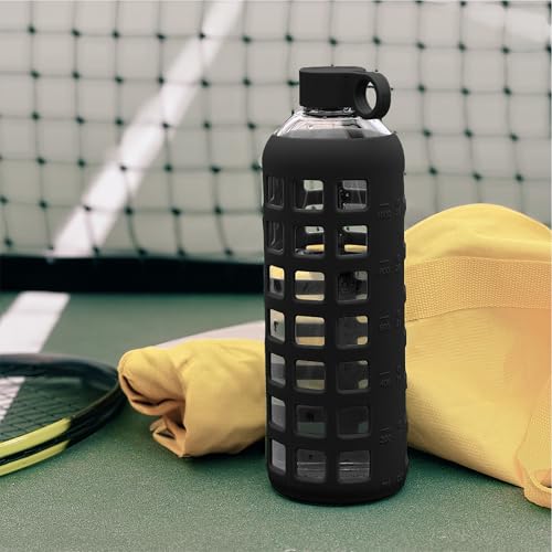40oz / 32oz / 22oz / 12oz Borosilicate Glass Water Bottle with Time & Volume Markers, Silicone Sleeve, Stainless Steel Lid | Reusable Glass Bottle for Water & Juice (32oz Jet Black) (Jet Black (1 Count) / 32 Ounces)