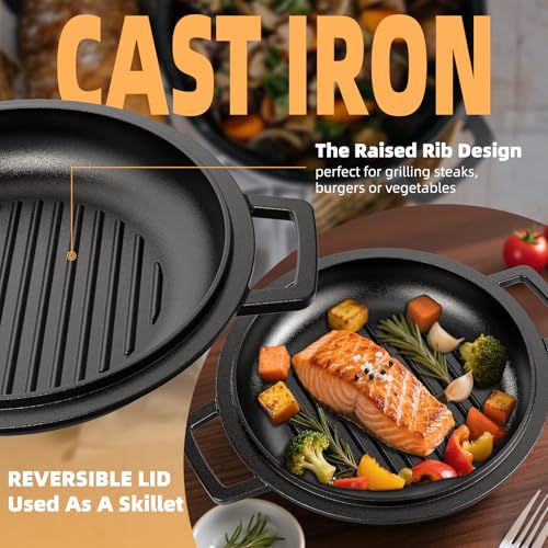 2-in-1 Pre-Seasoned Cast Iron Double Dutch Oven Pot with Skillet Lid & Silicone Sleeves – Raised Rib Skillet Lid– Umite Chef 7QT Cast Iron Skillet Cookware Pan Set wirh Dual Handles – Oven, Grill, Campfire & Stovetop Safe –PFAS-Free (7QT)