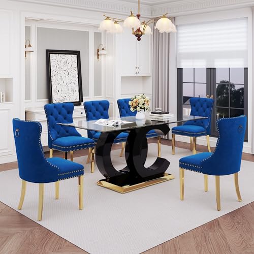 7 Piece Glass Dining Table Set for 6 (Black Table & Gold Blue Chair / 7-Piece Set-OC-Shaped Table)