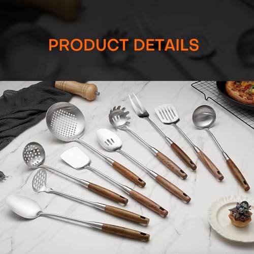 10 Pcs Cooking Utensils Set 304 Stainlss Steel Kitchen Utensils Set Heat Resistant Wooden Handle Kitchen Tools Metal Kitchen Utensil Soup Ladle Set (Wooden Handle-10 Pcs)
