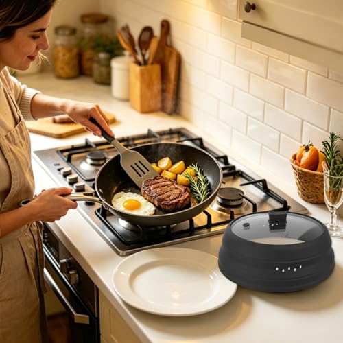 Microwave Splatter Cover Glass Cover Guard Lid with Collapsible Silicone for Food Pot Plate Cover 9.8 inch Black (BLACK / 9.8 inch)