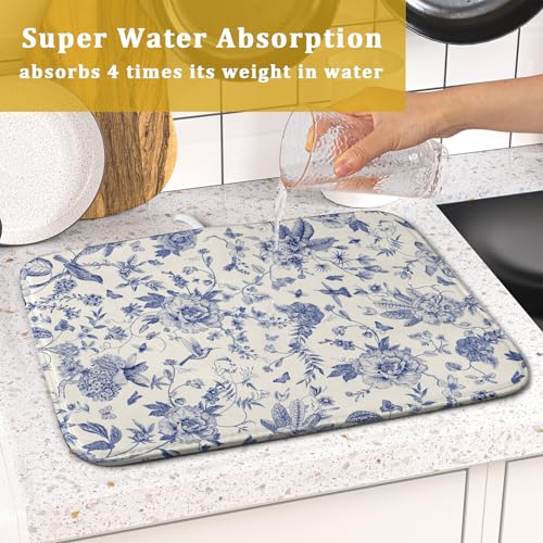 Chinoiserie Flower Dish Drying Mat Blue Leaves Dishes Drying Pad Reusable Washable Kitchen Countertop Protector Dish Drainer Mat 16x18 Inch (Chinoiserie Flower / 16" x 18")