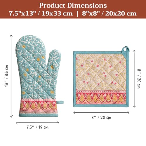 100% Cotton Oven Mitt & Pot Holder Set (122 - Carpo / 7.5" x 13" & 8" x 8" (Oven Mitt & Pot Holder))