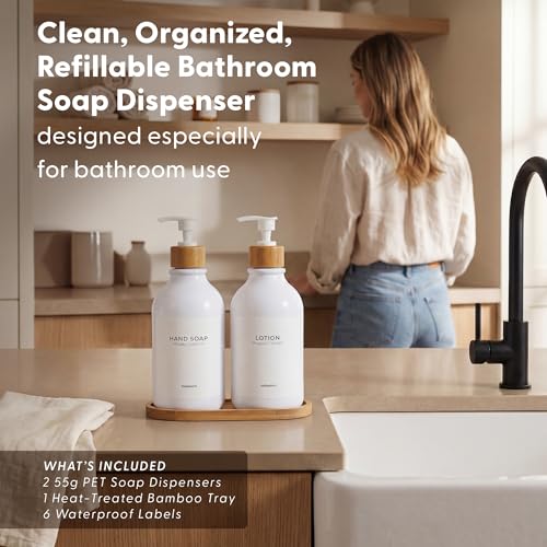 Soap Dispenser Bathroom Set of 2 (White Bottles White Pumps)
