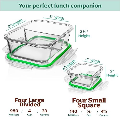 Glass Prep Containers (8 Pack Divided Set)
